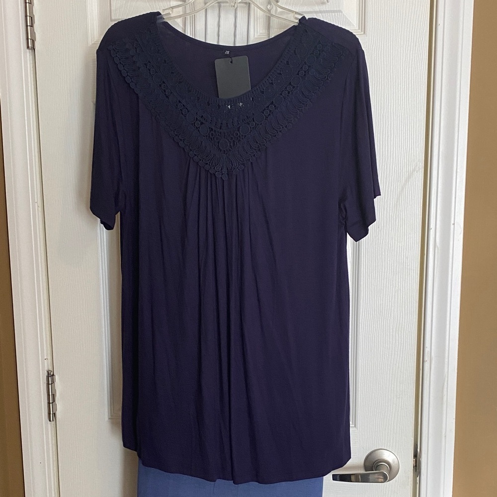 NWT Folunsi Chic Navy Women's Blouse with Lace Detail